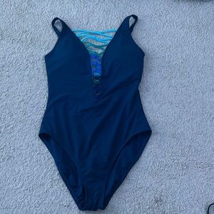 multicolor blue one piece bathing suit